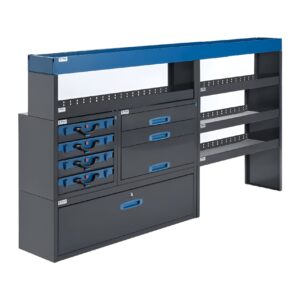 230 cm pakettiauton hyllykkö laatikosto salkuilla korkeus 123 cm