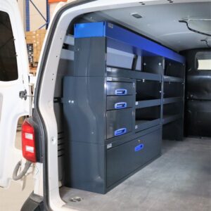 230 cm pakettiauton hyllykkö laatikosto avohyllyillä korkeus 123 cm