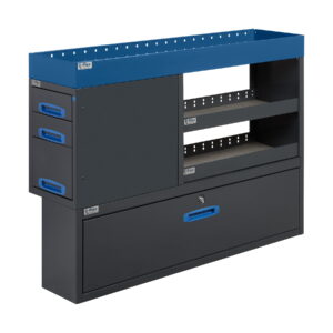 127 cm päädystä aukeava hyllykkö / laatikosto avohyllyillä kapea alakaappi