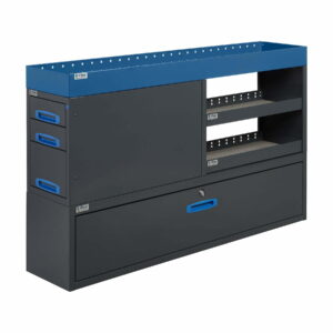 152 cm päädystä aukeava hyllykkö / laatikosto avohyllyillä