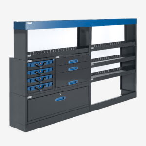 254 cm pakettiauton hyllykkö / laatikosto salkuilla korkeus 144 cm