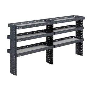 200 cm pakettiauton avohylly korkeus 91 cm kolmella korkeussäädettävällä hyllytasolla sivuseinälle asennettuna