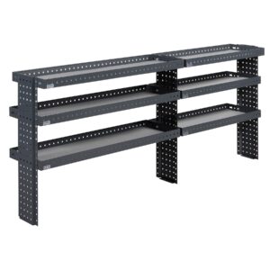 230 cm pakettiauton avohylly korkeus 91 cm kolmella korkeussäädettävällä hyllytasolla pitkälle sivuseinälle