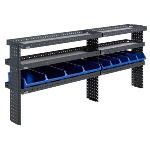 230 cm pakettiauton avohylly korkeus 91 cm ottolaatikoilla pitkälle sivuseinälle asennettuna