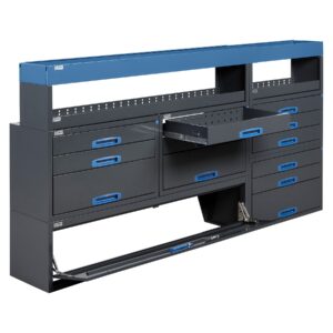 230 cm pakettiauton hyllykkö ja laatikosto extra vetolaatikoilla avatut kaapit ja vetolaatikot L2H1 pakettiautossa