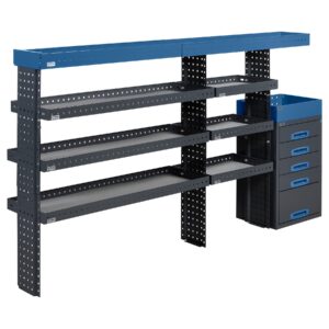 244 cm pakettiauton hyllykkö ja laatikosto korkeus 120 cm pitkälle sivuseinälle asennettuna