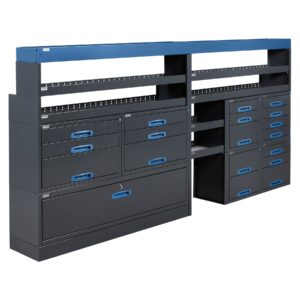 304 cm pakettiauton hyllykkö ja laatikosto EXTRA vetolaatikoilla pitkälle sivuseinälle asennettuna ammattikäyttöön