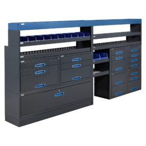 304 cm pakettiauton hyllykkö ja laatikosto EXTRA vetolaatikoilla ja ottolaatikoilla ammattikäyttöön